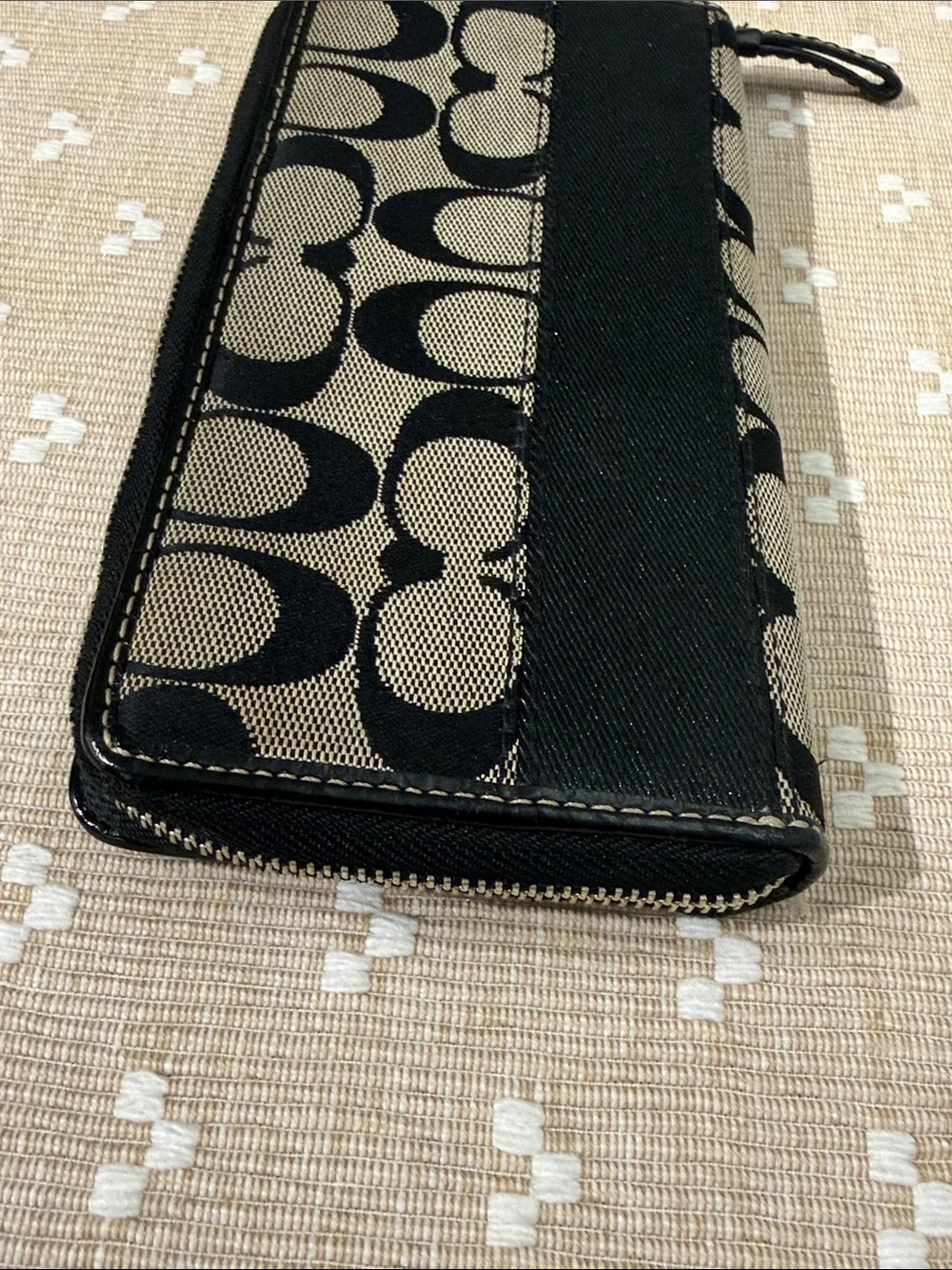 Coach Signature Jacquard Slim Envelope Wallet Black Gray Leather Trim OS